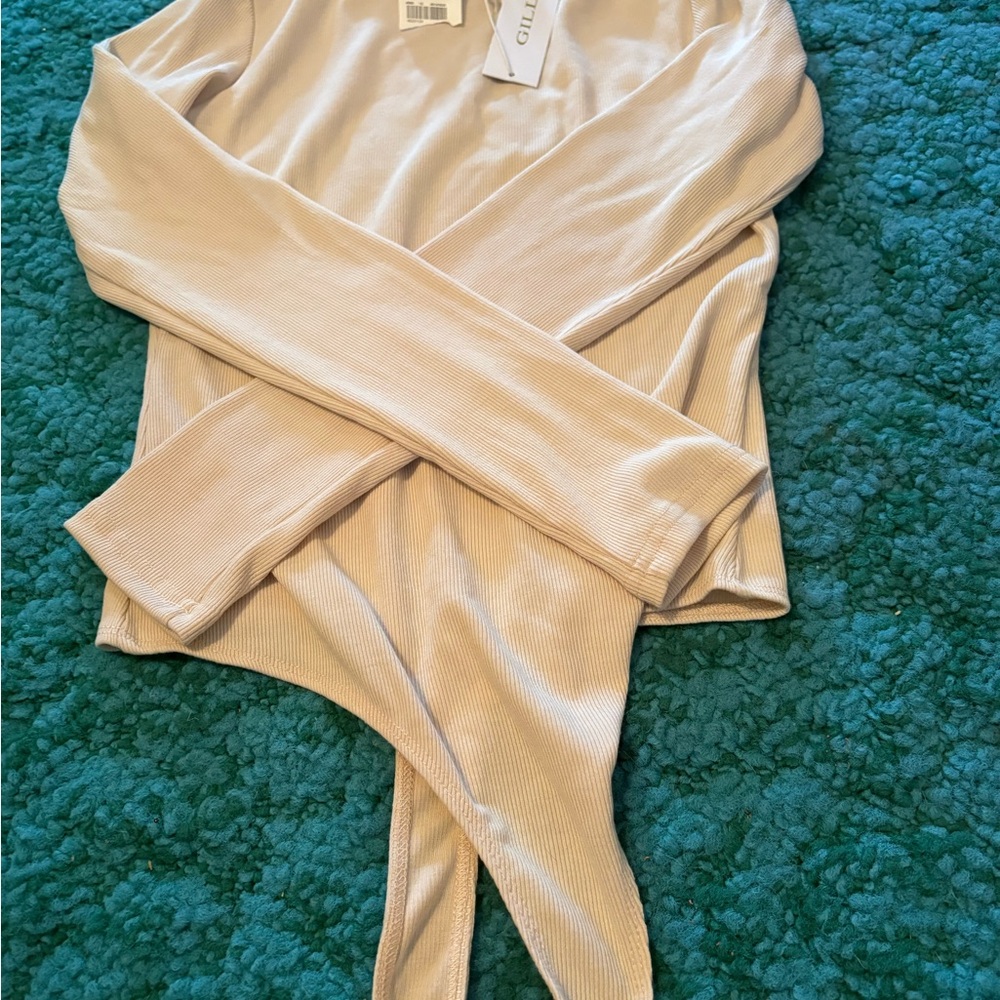 Neutral Ribbed Long Sleeve thong bodysuits- Beige